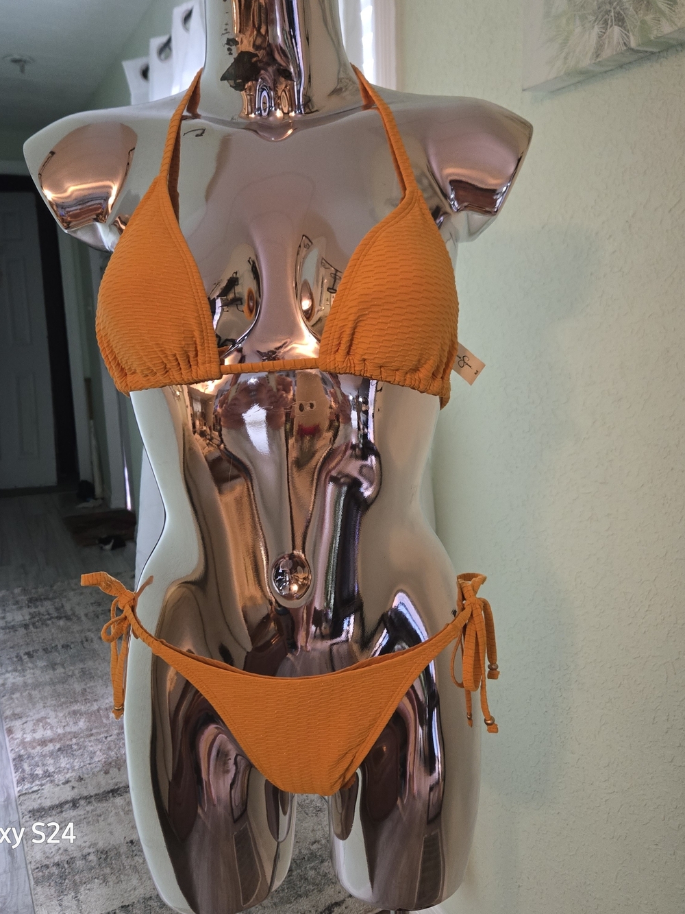 Orange Textured Tie-Side Triangle Bikini Set - Women Intimates